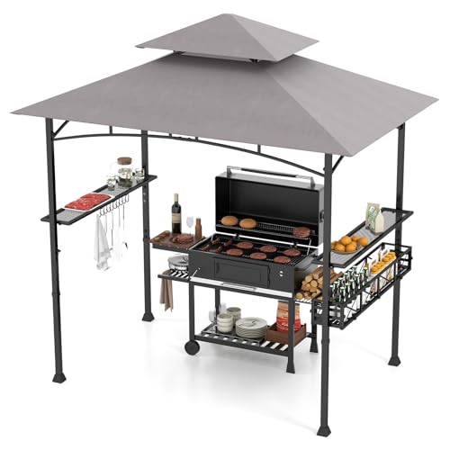 HOMASIS Grillpavillon mit Seitenablage, Pavillon mit Doppeldach, 2 Tischen, Haken und Flaschenöffner, wetterfester Pavillon und Schutz für den Garten, Außengrill (Grau, 242x153x250cm)