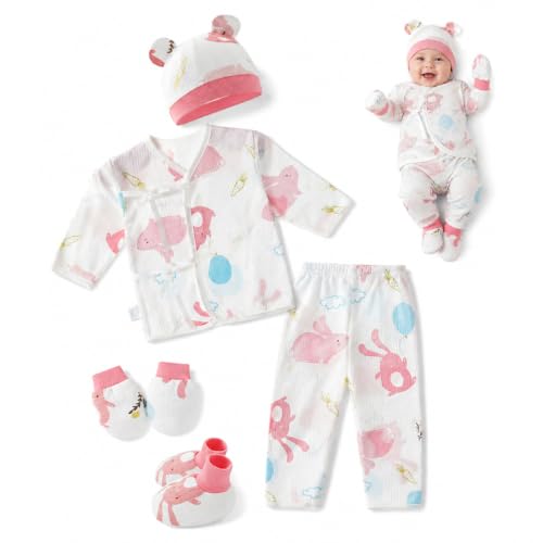 Image of SNOWIE SOFT 5Pcs Set New Born Baby Clothes 0-3 Months with Cotton Long Sleeve Top and Pants, Gloves, Socks, Bear Ear Hat, Infant Clothes 0-3 Months New Born Baby Gifts Shower Gift