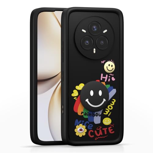 Image of Pikkme Back Cover for Realme 14 Pro Plus 5G | Soft Silicone| Cute Rainbow Smile & 3D Cartoon Flower Design | Shockproof Raised Camera Protection Bumper Case (Black)
