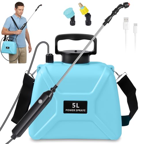 Akku Drucksprüher 5 Liter Elektrisch Gartensprüher mit Teleskoplanze 3 Düsen und Schultergurt Elektrischer Pflanzensprüher mit Sichtfenster für Garten Pflanzen