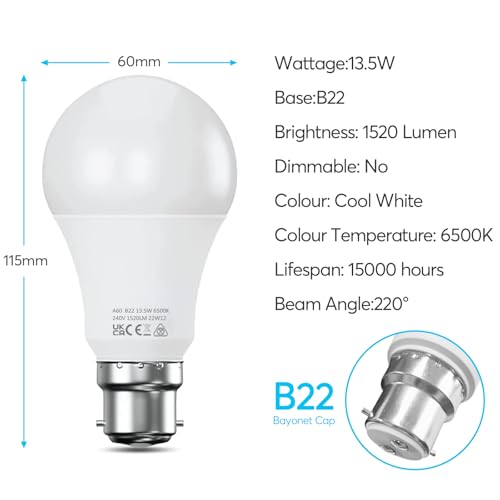 Bayonet Light Bulb 100W Equivalent, Energy Saving B22 LED Bulbs, Cool White 6500K, 13.5W 1520 Lumens Daylight Bulb, Non-Dimmable, Super Bright BC GLS Light Bulbs, 6-Pack - Image 3