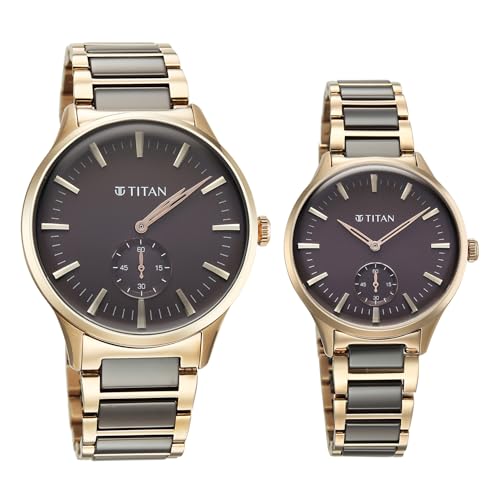 Image of Titan Modern Bandhan Pair Analog with Grey Dial Ceramic and Carnation Gold Stainless Steel Strap Watch for Couples - 9401394213KD02