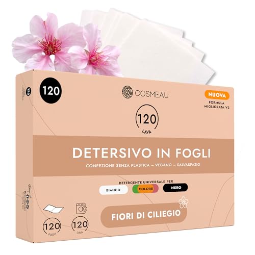 Cosmeau Detergente per bucato, foglie di fiori di ciliegio, fino a 120 lavaggi (120 fogli), detersivo sostenibile per bianco, colore e nero, senza plastica, smontabile e perfetto detersivo da viaggio