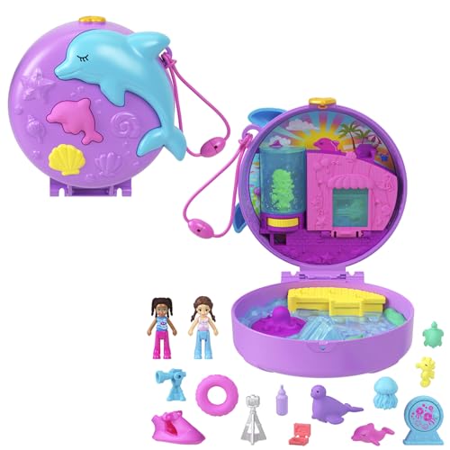 Polly Pocket Estuche Centro de rescate de delfín, set de juego con 2 mini muñecas, mascotas del océano y 12 accesorios, juguete +4 años (HWN96)