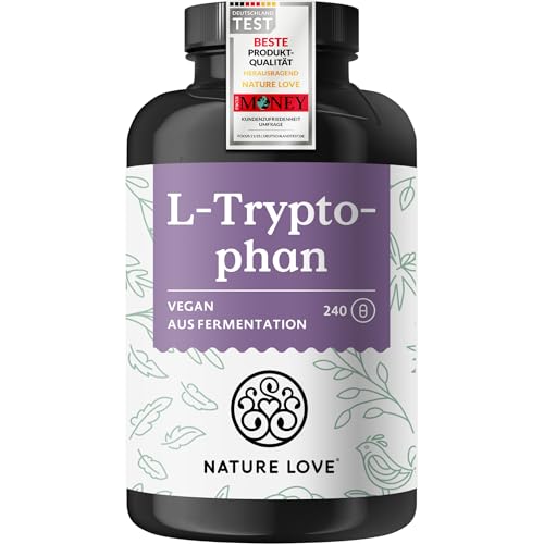 NATURE LOVE® L-Tryptophan - 240 Kapseln, laborgeprüft, hochdosiert mit 500 mg je Tagesdosis, vegan und in Deutschland produziert - ohne unnötige Zusätze