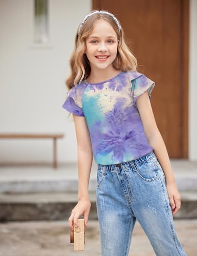 Image of Girls T Shirts Ruffle Short Sleeve Round Neck Loose Blouse Summer Solid Color Casual Girl Tee Tops for 3-12 Years