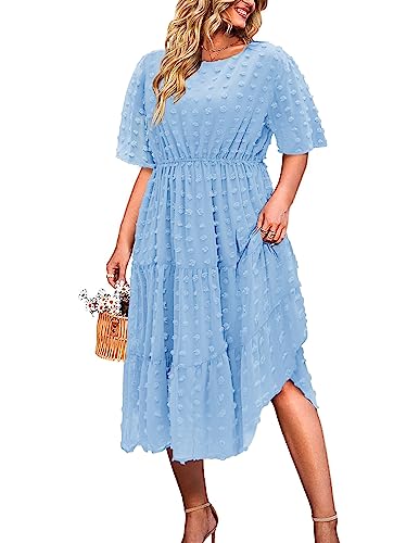 IN'VOLAND Womens Plus Size Swiss Dot Dress Chiffon Short Sleeve High Waist A Line Ruffle Tiered Babydoll Midi Dress