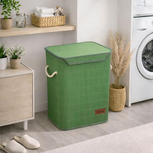 Image of Amazon Brand - Umi Rectangle Bamboo Laundry Basket for Clothes with Lid Strap Lock | Eco-Friendly, Foldable & Lightweight Organizer (Green, 40x30x50 cm, Pack of 1)