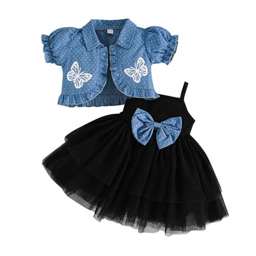 XIXIMAON Baby Girl Summer Outfits Bow Sleeveless Tulle Skirt Dot Butterfly Floral Puffy Short Sleeve Coat Dress And Cardigan Set Kids Spring Clothes (Black, 6-9 Months)