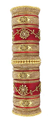 Image of NMII Traditional Gold Plated Acrylic Bangles Bridal Chuda Set For Women & Girls with Zircon Diamond & Pearls Beads Work | Royal Wedding Chudas | Premium Look | Bangles For Wedding, Festive, Function