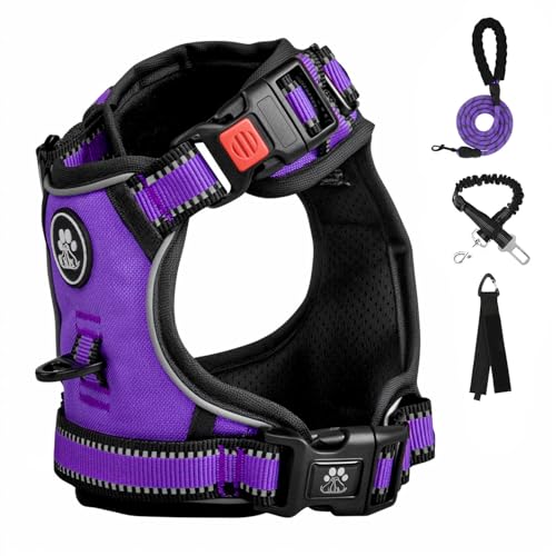 FURRYFECTION Dog Harness | No Pull Dog Harness | Reflective Oxford | Padded Handle | 4 Adjustable Straps | 2 Leash Clips | No Choke Pet Vest Harness for Small Medium Large Dogs | Purple | XL