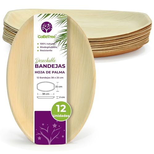GoBeTree 12 Bandejas Hoja de Palma 38x25cm grandes, Platos Desechables Elegantes,Platos Hoja de Palma para Eventos, Bandejas Desechables, Alternativa a Bandeja Bambú