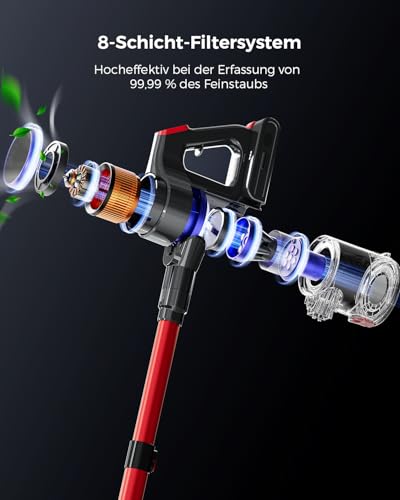 VACTechPro 55KPa/600W Akku Staubsauger Kabellos, 70Min Laufzeit, Akkustaubsauger mit 1,6-Liter-Staubbehälter, 8-Schicht-Filterung, Super Leise, Anti-Tangle Bodenbürste für Hartböden, Violett und Rot 3