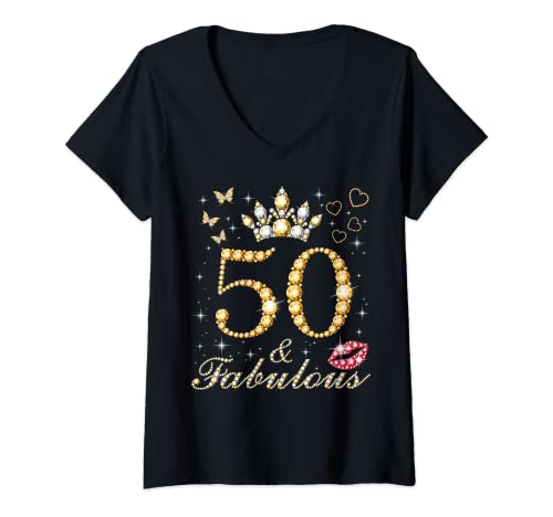 Mujer 50 & Fabulous 50 Cumpleaños 50 Años Y Fabulous Queen Camiseta Cuello V