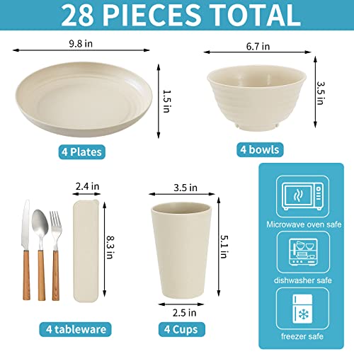 Wwyybfk 28Pcs Wheat Straw Dinnerware Sets Stainless Steel Cutlery Adult Set / 4 Large Plates, Bowls, Cups (16Oz), Microwave & Dishwasher Safe #TOP1