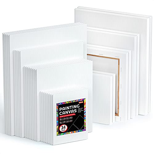 Canvases for Painting, Shuttle Art 34 Pack Multi Sizes Stretched Canvas and Canvas Panels, 5x7â€, 8x10â€, 9x12â€, 11x14â€, 100% Cotton Primed Canvas Boards for Painting, Blank Canvas for Acrylic Oil Paint