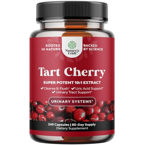 Natures Craft Extra Strength Tart Cherry Capsules - Tart Cherry Extract Capsules for Uric Acid Cleanse for Kidney Support - Fruit Extract Supplement for Urinary Tract Health & Joint Support - 240 Ct