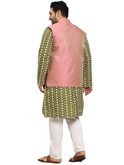 Image of sojanya Men's Silk Blend Regular Fit (Since 1958) Dark Embroidered Kurta & Self Design Nehru Jacket With Churidar Set