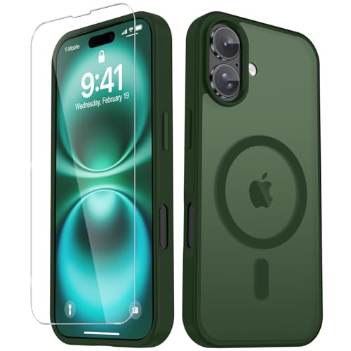 Image of YENAPOON for iPhone 16 Plus Case, Matte Magnetic Phone Cover [with 1 Screen Protector] [Support for MagSafe] [Shockproof Military Grade Protection] Translucent Frosted Back, Sage Green