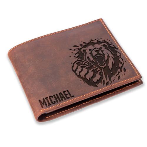 Personalized Bear Crazy Horse Leather Mens Wallet, Mens Wallet Bear, Country Wallets for Men, Custom Leather Wallets for Men, Bears Walet