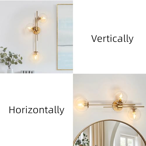 Image of KSANA Gold Sconces Wall Lighting, Modern 3-Light Bathroom Vanity Light Fixtures with Globe Clear Glass Shade Over Mirror or Beside for Hallway, Bedroom, Living Room and Kitchen