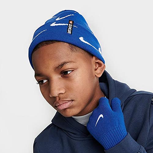 Image of Nike Boys' (8-20) Knit Beanie Cap and Gloves Set (Game Royal /White)