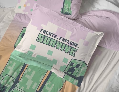 Image of Minecraft Creeper Full Size Comforter Set 7 Piece Kids Bedding, Pink | Gaming, Bed in a Bag, Comforter Sheets Shams Pillowcases, Official Product, Soft Microfiber, Machine Washable, Girls Gift
