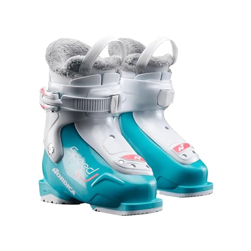 Nordica Speedmachine J1 Kid's Alpine Ski Boot, Light Blue/White/Pink, 16.5