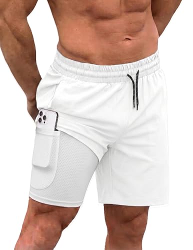 COOFANDY Men Swim Trunk with Compression Liner 2 in 1 Swimwear Bathing Suit Quick Dry Board Short White M