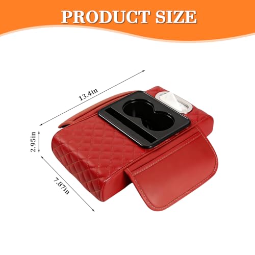 Image of Car Armrest Cushion, 5-in-1 Nappa Leather Vehicle Centre Console Cover with 2 Storage Pockets, Cup Phone & Phone Holder, Multifunctional Auto Organiser Accessories, Universal Fit (Wine Red)