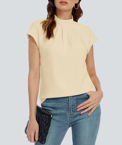 Image of Funlingo Womens Summer Tops Mock Neck Short Cap Sleeve Blouses Business Casual Work Chiffon Shirts Front Pleated Tunic Top
