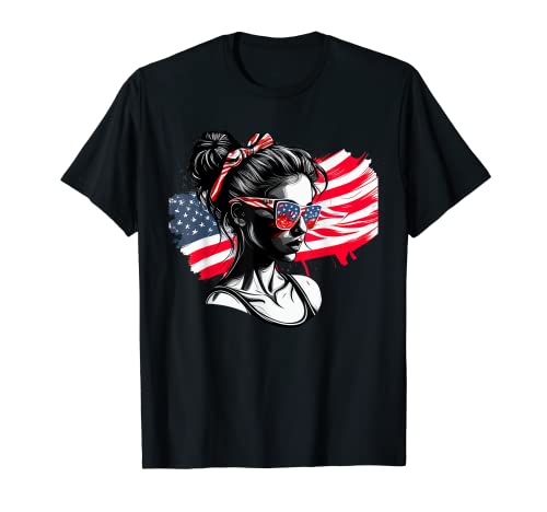 Camisa de moño desordenado con la bandera de Estados Unidos para mujer Camiseta