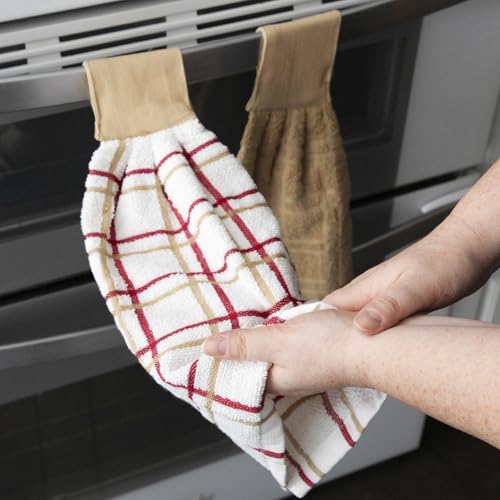 Image of Ritz Premium 100% Cotton Solid and Multi Check Kitchen Tie Towel, Absorbent, Super Soft, and Fast Drying Hang Towel, Set of Two, Biscotti