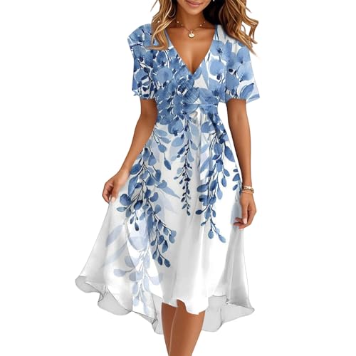 Spring Summer Chiffon Midi Dresses for Women 2026 Elegant Classy Wedding Guest Floral Formal Prom Cocktail Dress Sky Blue M