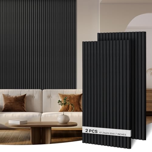 AKK-ART 2 Pack Acoustic Wall Panels-47.24x23.62Wooden Slats Wall Panel, Decorative Sound Proof Panel & 3D Feature Pannelling for Home Living Room Bedroom-15.5 sq.ft.Coal-Black