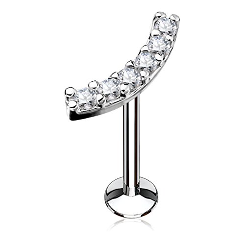 16G Lined CZ Curve Top 316L surgical Steel Internally threaded Labret Monroe Cartilage Stud (Steel | 1/4