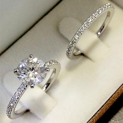 2Pcs White Gold Plated White Cubic Zirconia Engagement Rings Wedding Bridal Band Promise Rings Evening Parties Anniversary Valentine's Day Gifts Eternity Bands for Women