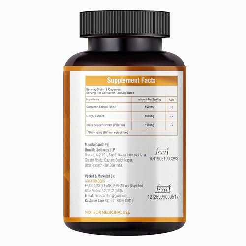 Comfort Curcumin Extract 95% Supplement, Ginger Extract & Black Pepper Extract,1300mg With Curcuma Longa, Turmeric & Ginger Root extract 60Veg Capsules Anti Inflammatory For Joint Health,Heart,Digestion & Weight Management Support & Immunity Plant Based, Clean Label For Men, Women 1300mg, Per Serving - Image 2 thumbnail