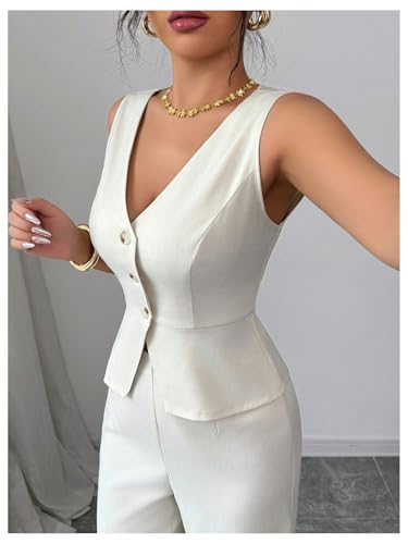 SOLY HUX Women's 2 Piece Business Casual Outfits Button Up V Neck Suit Vest and Pants Set3