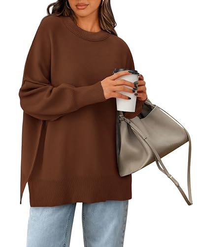 PRETTYGARDEN Women's Oversized Sweater 2025 Casual Fall Outfits Crewneck Long Sleeve Side Slit Chunky Knit Pullover Tops(Brown,Small)