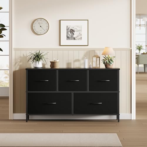 Image of OLIXIS 5 Drawer Black Dresser for Bedroom, Closet Chest Organizer Furniture | TV Stand for Living Room Hallway, Wide Fabric Storage Tower with Wooden Top and Metal Frame
