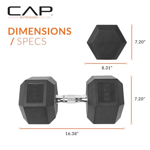 Image of CAP Rubber Coated Dumbbell Weights, Free Weights for Home Gym Strength Training, Anti-Roll Hex Dumbbells with Black, Chrome & Comfort Grip Handles, Singles