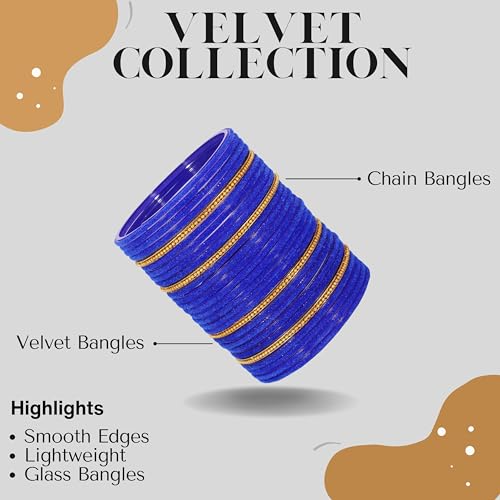 Image of NMII Glass Bangles For Women and Girls with Velvet and Golden Ballchain Linked | Plain Glass Bangles | Velvet Chudi Set | Bangles For Women | Stylish Glass Chudi Bangles- Set of 28
