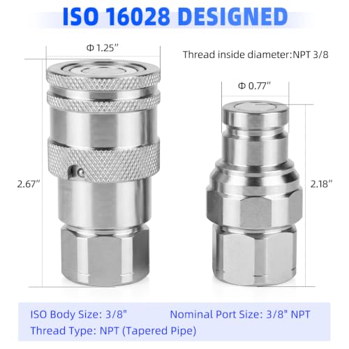 Image of 3 /8'' NPT Flat Face Hydraulic Quick Connect Couplers /Couplings Set w /Dust Caps ISO 16028 Standard, Skid Steer Bobcat 3 /8 Body Quick Disconnect 2Set