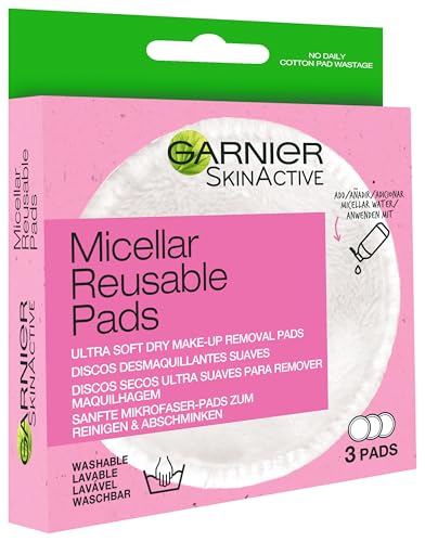 GARNIER Skin Active Discos Desmaquillantes Reutilizables de Microfibra, Lavables Hasta 1000 Usos, Eliminan Impurezas y Hasta El 100% del Maquillaje, 3 Pads