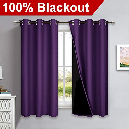 Image of NICETOWN 100% Blackout Room Warming Curtains 45 inches Long, Royal Purple, 2 Panels, 42-inch W, Thermal Insulated Full Blackout 2-Layer Lined Curtains, Energy Efficiency Window Drapes for Dining Room