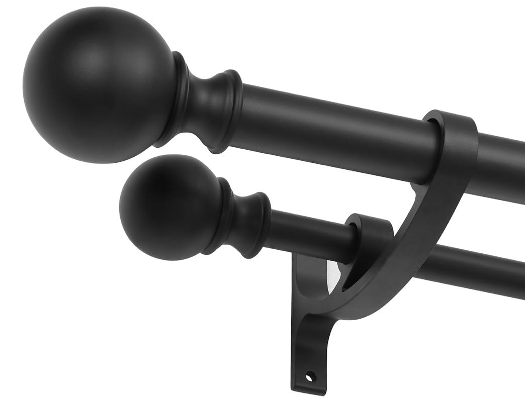 Matte Black Double Drapery Rod with Round Finials, Double Curtain Rods 144-164 Inches, Decorative Double Window Rod, 1-Inch Front and 5/8 Inch Back Telescoping Double Rod Curtain Rod