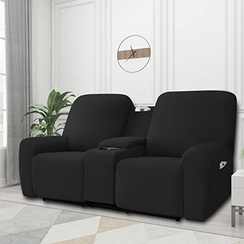 Image of Easy-Going Stretch Recliner Loveseat Cover with Center Console Sofa Slipcover Soft Fitted Fleece 2 Seats Couch with Cup Holder and Storage Washable Furniture Protector Black