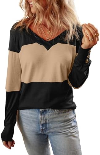 Dokotoo Womens Tops 2024 Fall Color Block Long Sleeve Shirts V Neck Dressy Casual Blouses