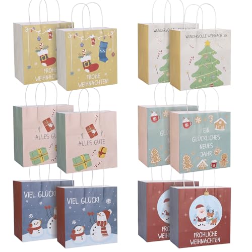LIHAO Geschenktüten Weihnachten 12 Stück 21x22x12 cm dickem reißfestem Kraftpapier Tüten mit Griff Weihnachts Kraft Geschenktaschen